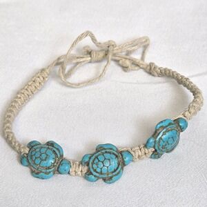Sea Turtle Hemp Cord Bracelet, Adjustable, Turquoise Colored‎